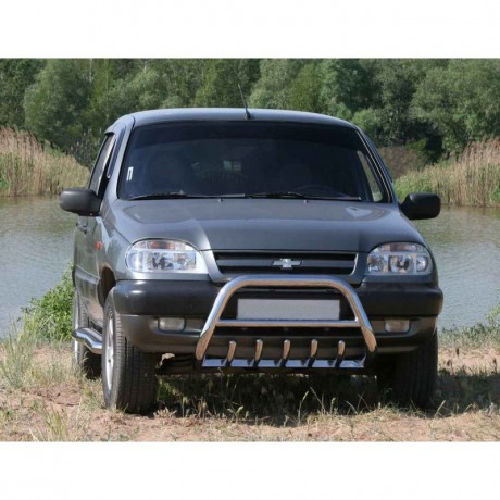 Кенгурин с дополнительной защитой двигателя «Низкий» (d63.5) B@3 2123 "Chevrolet Niv@", нержавеющая сталь купить недорого с доставкой в Можайск