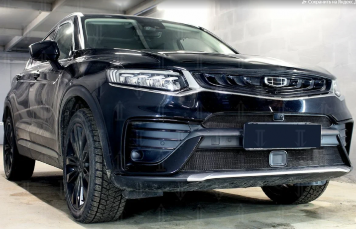 Защита радиатора "Standart" Geely Tugella FY11 (2019-н.в.) верх с камерой, чёрная купить недорого с доставкой в Можайск