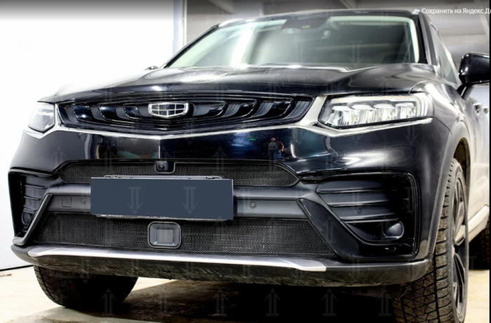 Защита радиатора "Standart" Geely Tugella FY11 (2019-н.в.) верх с камерой, чёрная купить недорого с доставкой в Можайск