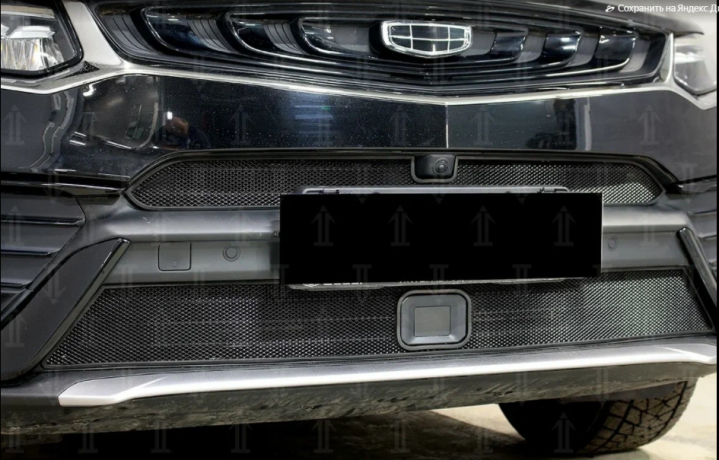 Защита радиатора "Standart" Geely Tugella FY11 (2019-н.в.) верх с камерой, чёрная купить недорого с доставкой в Можайск